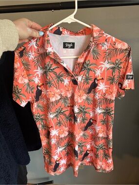 Waggle Coral Tropical Print Short Sleeve Golf Polo - Women's M